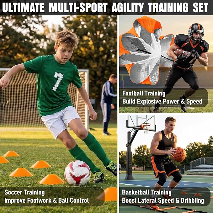Agility Ladder, Agility Speed Training Equipment Set, 20ft Speed Ladder | 4 Hurdles, 12 Soccer Cones, Jump Rope, Running Parachute, Soccer Football Basketball Training Equipment Accessories