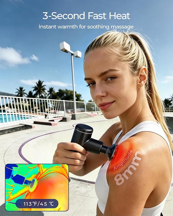 Mini Massage Gun Deep Tissue with Heat& Red Light, Model MG101 | Visual Pressure Display & AI Mode, Pocket-Size Muscle Massager for Back Pain Relief, Portable for Travel, Gift for Men Women