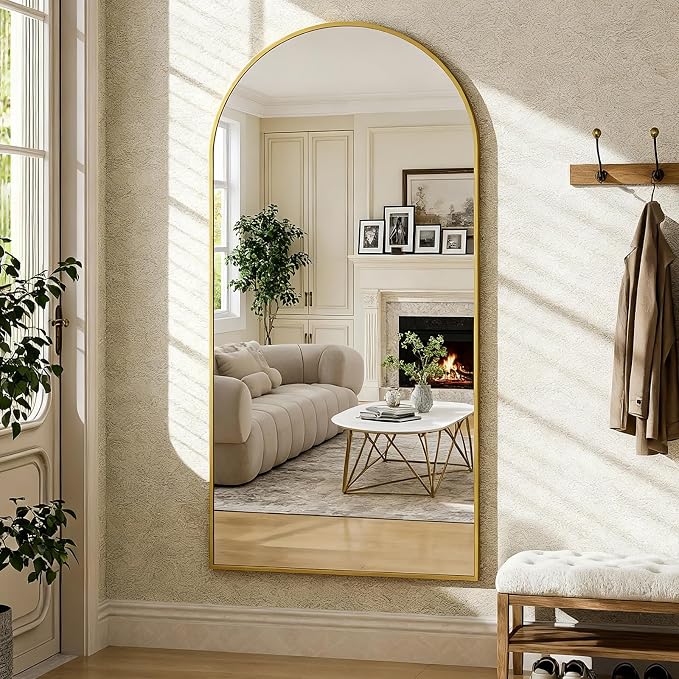 Full Length Mirror 78" L x 38" Full Body Standing Mirror for Bedroom, Living Room, Gym, Dorm - Shatter-Resistant & Easy Assembly, Arched Style Gold