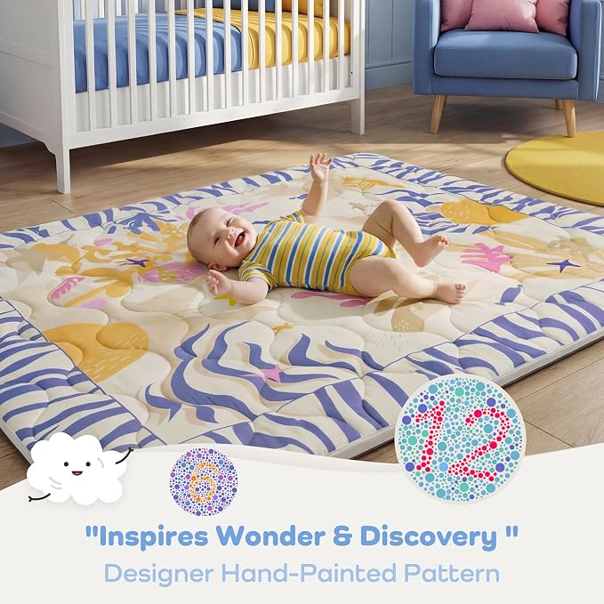 1.6" Thick Baby Play Mat, 71x59 Removable & Machine Washable Cover | Padded Memory Foam, Non-Slip Backing, 100% Baby-Safe Materials, Tummy Time Crawling, Outdoor, Bedroom, Living Room, Nursery