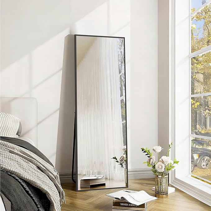 Mirrorons 56"x18" Black Full Length Mirror, Floor Standing or Wall Mounted with Hanging Kit, Shatterproof Tempered Glass Mirror for Living Room, Bedroom, Dressing Room, Gym