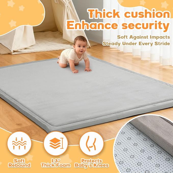 Baby Play Mat for Floor, 71'' x 59'' Thicken Foam Soft Padded Playmat for Tummy Time, Playpen Mat for Toddlers Infant Kids, Water-Repellent Coral Velvet, Non-Slip Bottom Safe for Crawling, Light Grey