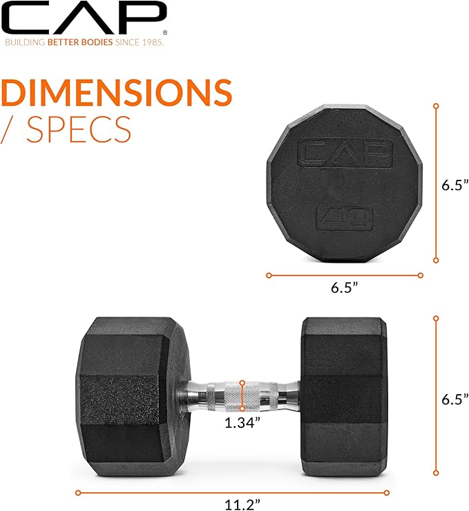 CAP Rubber Coated Dumbbell Weights, Free Weights for Home Gym Strength Training, Anti-Roll Hex Dumbbells with Black, Chrome & Comfort Grip Handles, Pairs & Sets