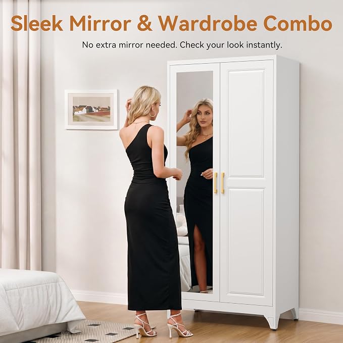 Polup Metal Armoire Wardrobe Closet with Mirror, 71" Tall White Cabinet | Heavy Duty Steel Clothing Storage Cabinet with Hanging Rod & Adjustable Shelves for Bedroom, Office, Gym, Garage, Armarios