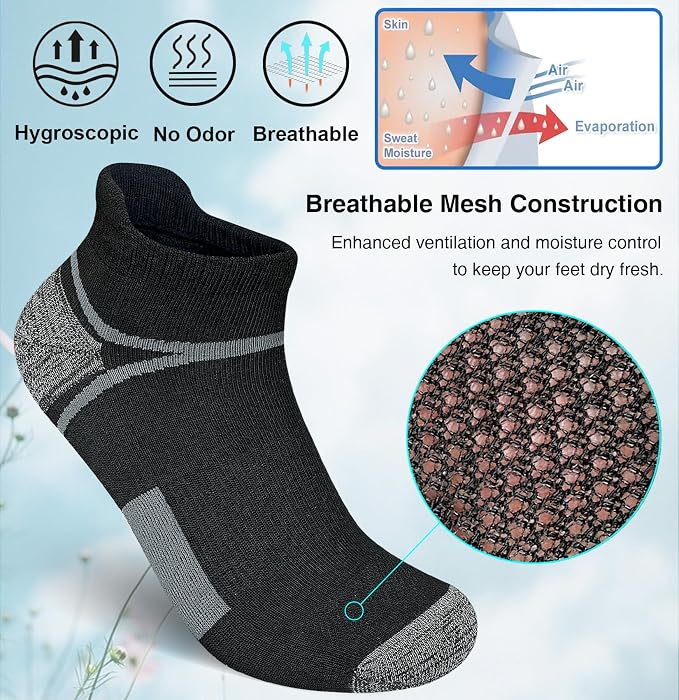suaskk Men's Ankle Athletic Cushioned Anti-Blister Running Socks 5 Pairs | Comfort and Breathable, Moisture Wicking,