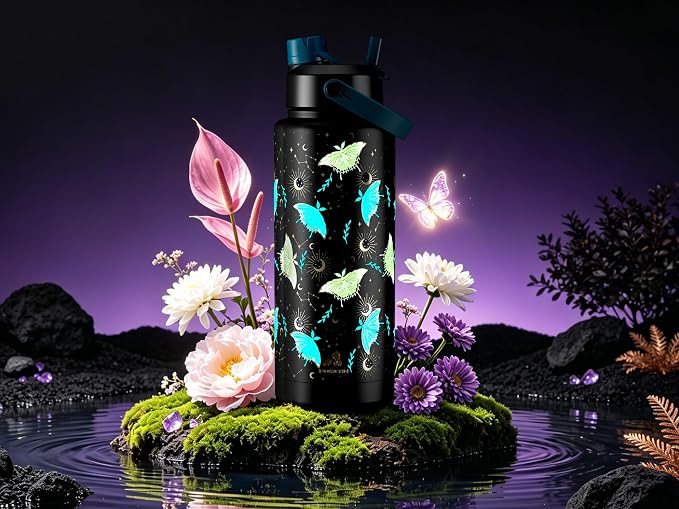 POWCAN 40 oz Insulated Water Bottle with 2-in-1 Straw and Spout Lid, Glow-in-the-Dark, 24H Cold, Leakproof, BPA-Free, Double Wall Stainless Steel for Sports, Gym, Travel, and School (Gilded Flutter)