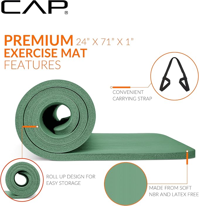 CAP Barbell 1-Inch High Density Exercise Yoga Mat with Strap | Multiple Colors