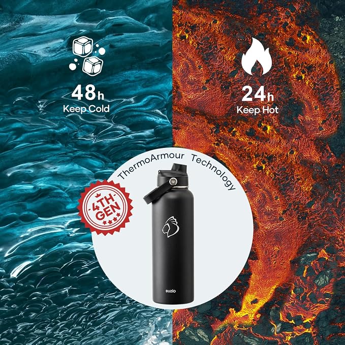 BUZIO 40oz Insulated Water Bottle, Triple Wall Vacuum Stainless Steel Water Flask with 2 lids, Lead-Free BPA-Free Straw Lid Sports Canteen Jug, Cold 48H & Hot 24H- Black | 40 oz Insulated Stainless Steel Water Flask (Cold for 48 Hrs/Hot for 24 Hrs), Di...