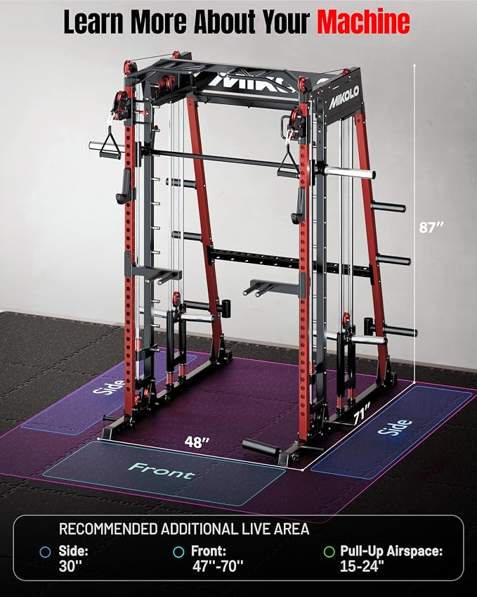 Mikolo M4 2.0 Smith Machine, 2200lbs Squat Rack with LAT-Pull Down System & Cable Crossover Machine, Training Equipment with Leg Hold-Down Attachment