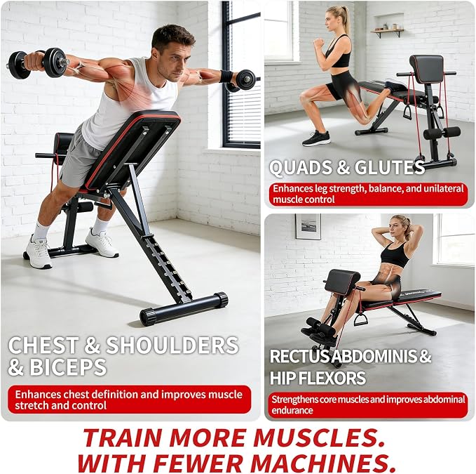 Adjustable Weight Bench, Foldable Workout Bench Press for Home Gym | Heavy duty utility incline decline flat bench with preacher curl, leg extension for full-body strength training.