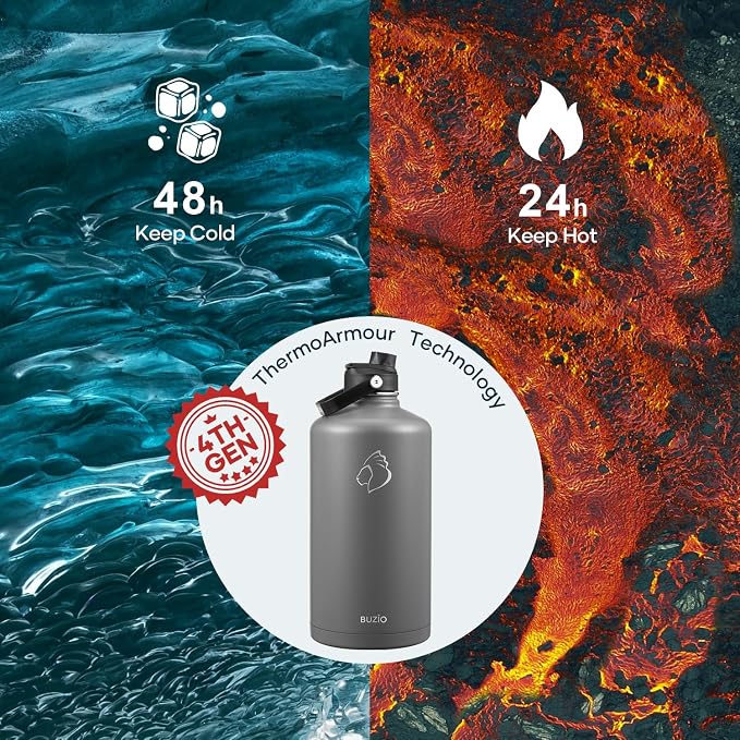 BUZIO 1 Gallon Water Bottle Insulated with Dust-proof Straw & Spout Lids | 128 oz Large Water Jug 18/8 Stainless Steel Triple Wall (Keep Cold 48Hrs/Hot 24 Hrs), Dishwasher Safe, Sweat-Proof, Black