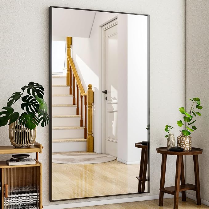 Easly Full Length Mirror with Stand - 38"x77" Full Body Mirror for Floor, Wall Hanging or Leaning - Aluminum Alloy Frame for Living Room, Bedroom, Cloakroom - Black