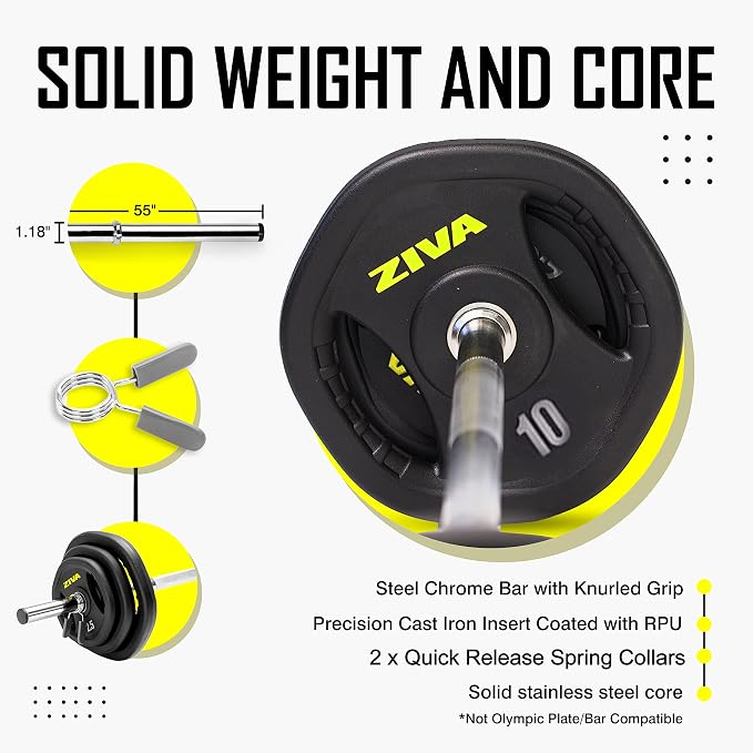 ZIVA 35lb Studio Barbell Weight Set – Adjustable Home Gym Kit with Standard Rubber Urethane Plates, 5' Chrome Bar (1.18" diam) & Collars | Extra Plates Not Included