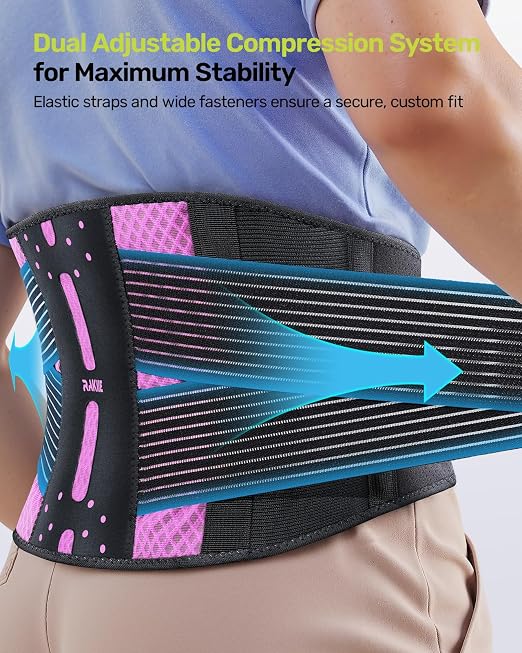 Rakiie Slim Back Brace for Lower Back Pain Relief, Lightweight & Breathable Back Support Brace for Men Women, Ergonomic Light Lumbar Support for Everyday Wear, Pink XXL