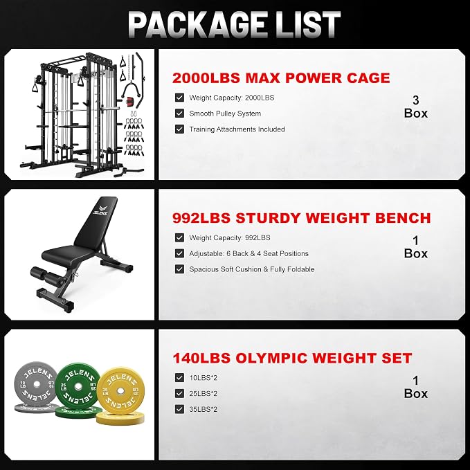 JELENS Smith Machine for Home Gym, Multi-Function M12 Power Cage with Cable Crossover System, Squat Rack with Smith Bar and More Attachment