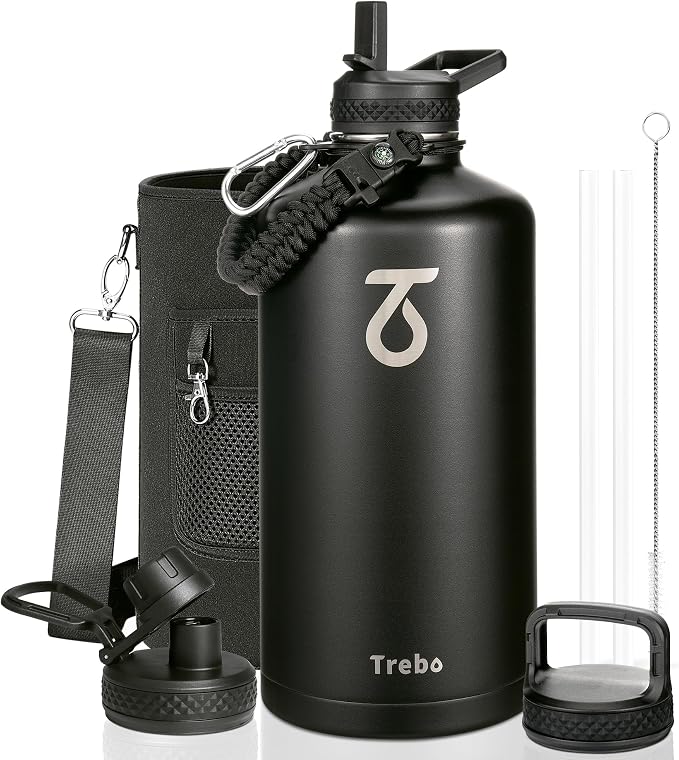 Trebo One Gallon Water Bottle Insulated with 3 Lids, Paracord Handle & Bag | 128 oz Large Stainless Steel Water Jug, Triple Wall Vacuum Copper Plated, Dishwasher Safe, Keeps Cold 48 Hrs for Hiking, Gym