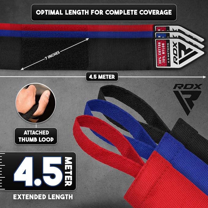 RDX Boxing Hand Wraps 4.5M / 180 Inches – Mexican Style Semi-Elastic MMA Inner Gloves - Wrist Support for Muay Thai, Kickboxing, BJJ, Karate - Thumb Loop & Hook and Loop Closure - Cotton & Nylon Blend