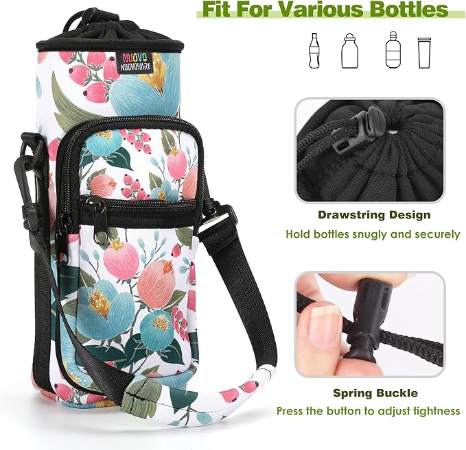 Nuovoware Water Bottle Carrier Bag, 25oz/32oz, Rosebush pink | Adjustable Shoulder Hand Strap, 2 Pocket, Neoprene Sleeve, For Hiking Travelling Camping