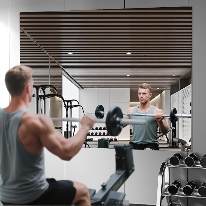 12 Pack Tempered Glass Gym Mirror Tiles 16" x 12" Each Self-Adhesive Wall Mirrors, Frameless Workout Mirrors for Home Gym Workout Yoga
