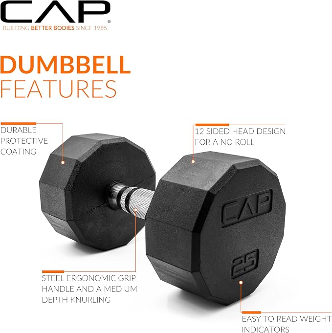 CAP Rubber Coated Dumbbell Weights, Free Weights for Home Gym Strength Training, Anti-Roll Hex Dumbbells with Black, Chrome & Comfort Grip Handles, Pairs & Sets