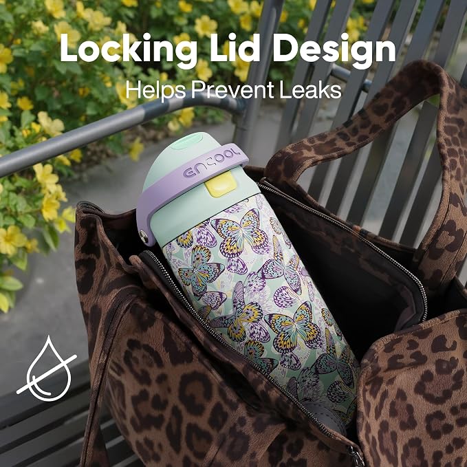 ENCOOL Leakproof Insulated Water Bottle with Straw Dual-Sip Water Bottle Bag-Safe Design for Work, Commute & Gym – Keeps Drinks Cold All Day, 32 oz, Mosaic Butterfly