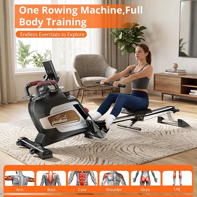 pooboo Magnetic Rowing Machines Rower Foldable with 16 Level Resistance Indoor Rower Machines with Digital Monitor & Transport Wheels for Home Use