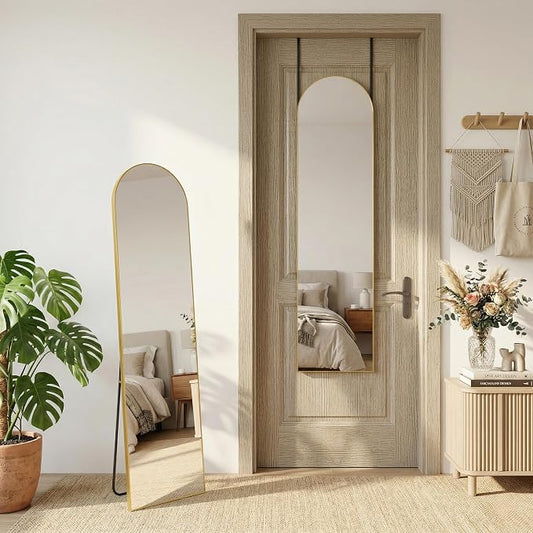 Antok Full Length Mirror, 56"x14" Floor Mirror with Stand, Hanging Mounted Mirrors for Bedroom, Living Room, Cloakroom, Dining Room, Gold, Arch