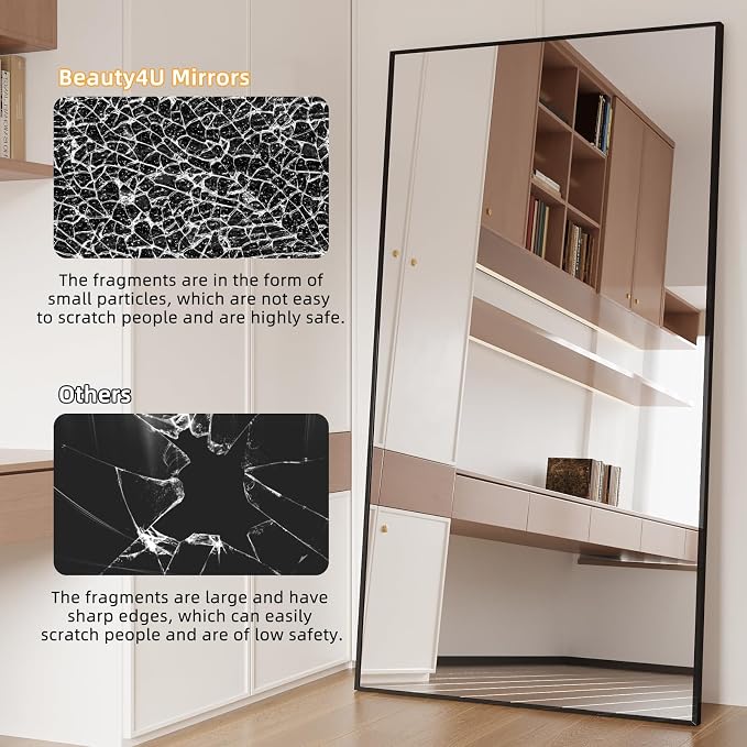 Beauty4U 76" x 37" Full Length Mirror with Stand, Black Large Floor Mirror | Standing, Leaning, or Wall-Mounted Tempered Glass Full Body Mirror with Metal Frame for Bedroom, Closet, Modern Home Decor