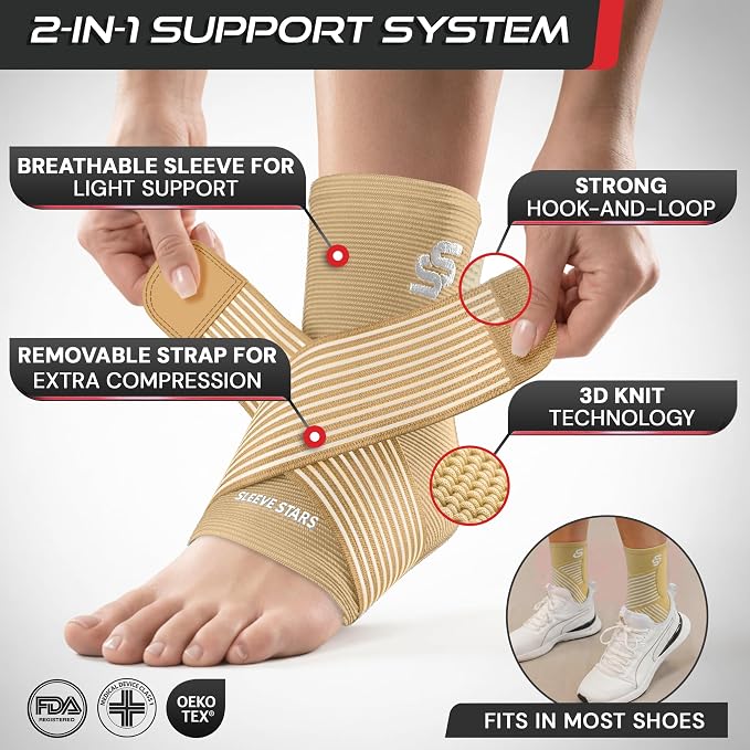 Sleeve Stars Ankle Brace for Women & Men, Ankle Wrap for Sprained Ankle, Compression Sleeve for Plantar Fasciitis Relief, Easy Customizable Support: w/Removable Strap (Single/S:9"-10"/Beige)
