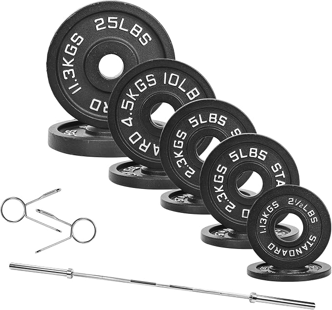 Fitvids 2 Inch Olympic Barbell Weight Plates and Bar Set, 5 FT Barbell Bar and 95 LB(2.5-25 LB) Barbell Weight Set for Home Gym Strength Training