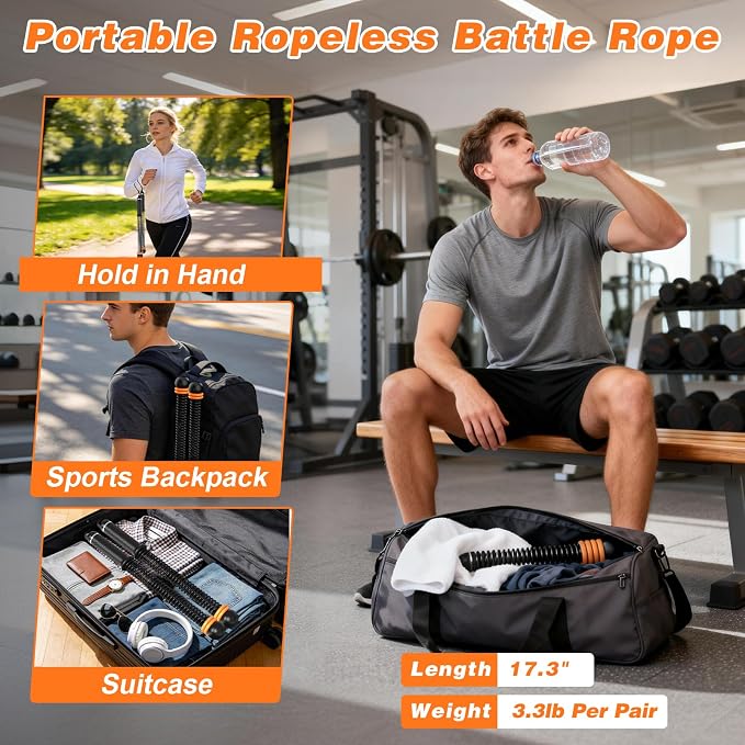 Ropeless Battle Ropes, with 8 Adjustable Weight Rings & Storage Bag, Portable Cordless Heavy Duty Fitness Rope for Home Gym, HIIT, Strength, High Calorie Burn, Low-Impact Cardio for Men and Women