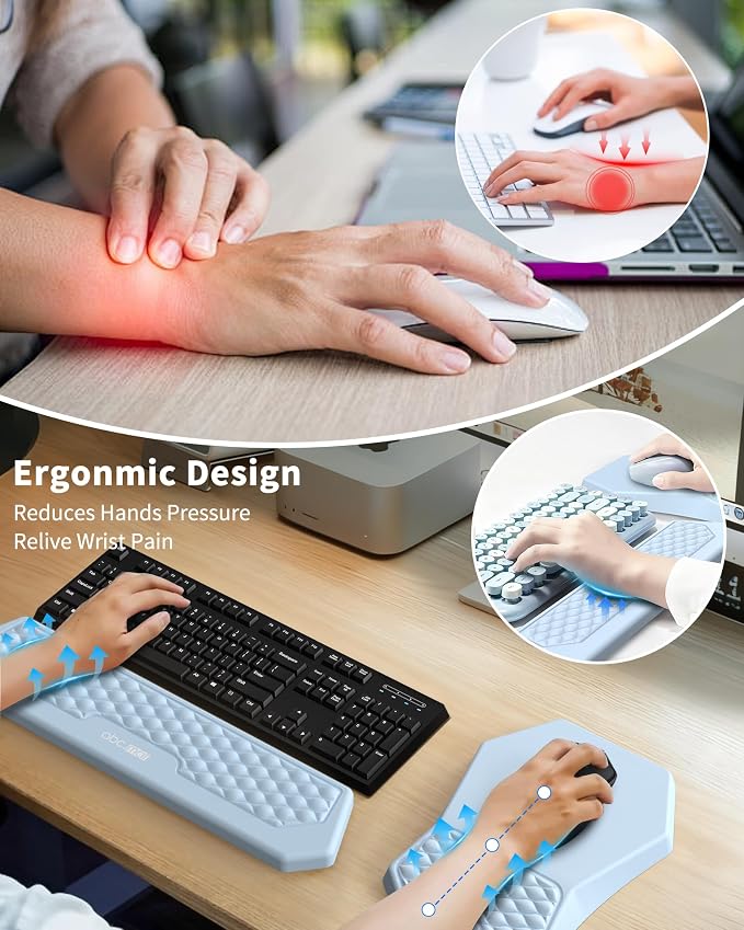 Ergonomic Mouse Pad Wrist Rest and Keyboard Wrist Rest Support Set | Massage Design Mousepad for Carpal Tunnel Pain Relief, Memory Foam, Non-Slip PU Base for Computer Desk, Blue