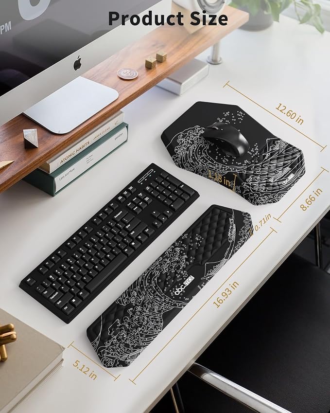 Ergonomic Mouse Pad Wrist Rest and Keyboard Wrist Rest Support Set | Massage Design Mousepad for Carpal Tunnel Pain Relief, Memory Foam, Non-Slip PU Base for Computer Desk, Sea