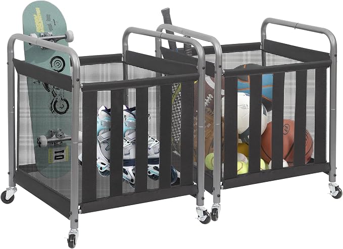 STORAGE MANIAC Ball Storage Bin Rolling Sports Ball Cart, Metal Garage Organizer Sport Rack Basketball Storage Cage for Garage or Gym, Indoor & Outdoor Sports Equipment Organizer