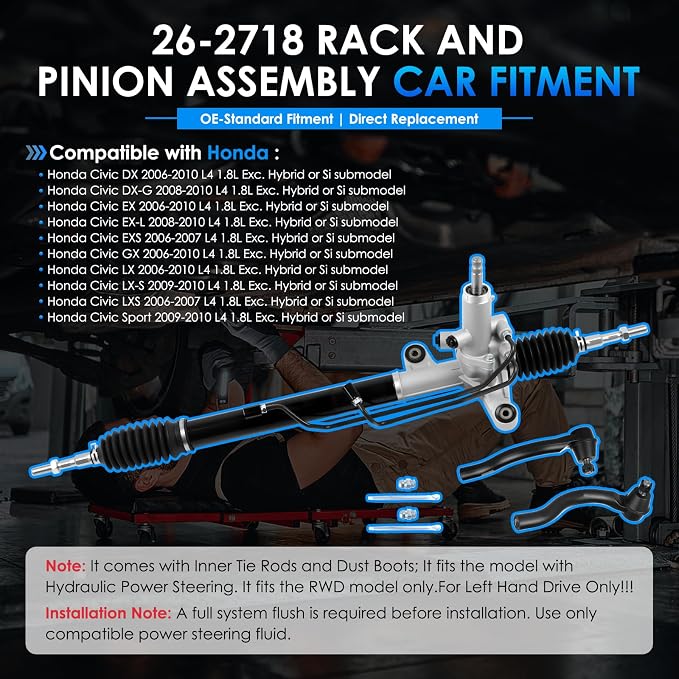 26-2718 Hydraulic Power Steering Rack and Pinion Fit for Honda Civic 2006-2010 1.8L Automotive Replacement Rack & Pinion Assembly with Outer Tie Rod Ends Kit 53560SNAA01 53601SNAA61 ES800240