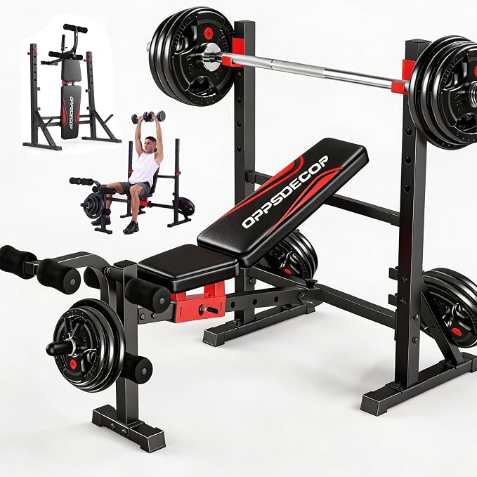 OPPSDECOR Standard Weight Bench Set with Squat Rack, 900LBS Adjustable Bench Press Set with Leg Extension and Leg Curl, Foldable Flat Incline Decline Workout Bench for Home Gym Full Body Training