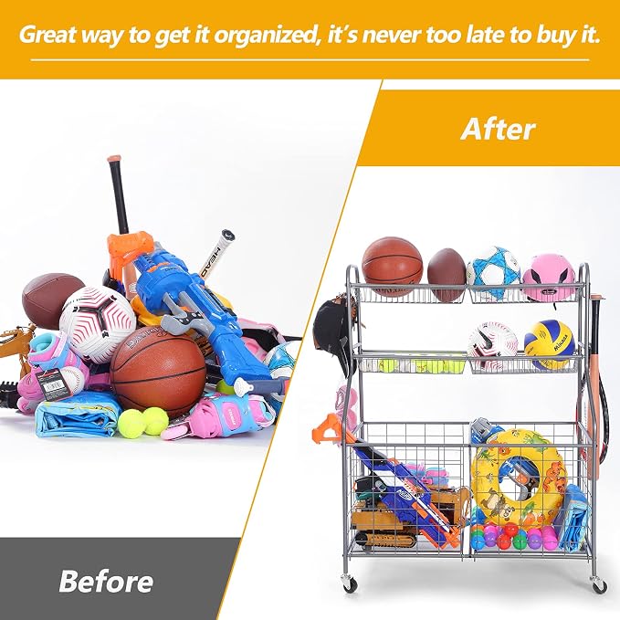 Kinghouse Garage Ball Organizer, Includes Storage Bin, Bat Holder, Hooks | Rolling Sports Equipment Organizer with Wheels, for Basketball, Toys, for Garage, Indoor, Gym, Outdoo