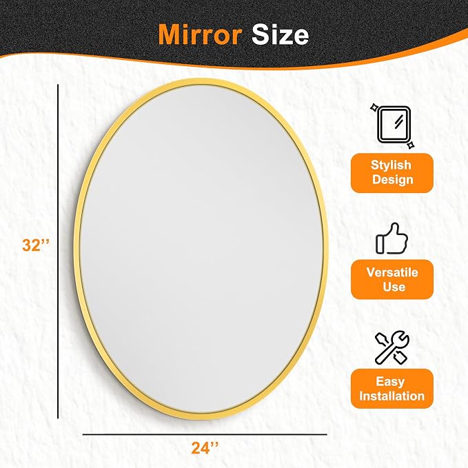 Oval Bathroom Vanity Mirror for Wall, 32''x24'' Black Oval Bathroom Mirror for Over Sink, Bedroom, Living Room, Entryway, HD Tempered Glass, Wall Mounted Horizontally or Vertically