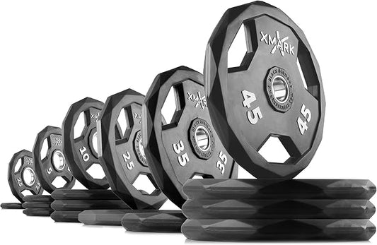 XMARK Black Diamond Olympic Weight Plates 2-Inch, Rubber Barbell Plates with Tri-Grip Handles for Home Gym Strength Training
