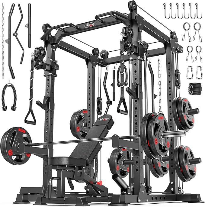 Power Rack Power Cage Multi-Function Squat Rack with Cable Crossover System Selectable More Training Attachment Power Rack for Garage & Home Gym