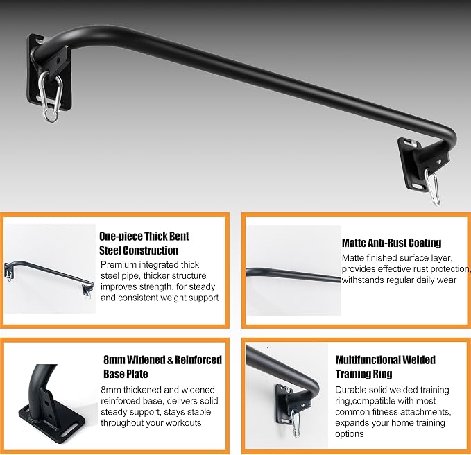 Wall Mounted Pull Up Bar, Carbon Steel Doorway Chin Up Bar for Home Gym | Reinforced plate supports fit joists and studs, creating a stable space-saving upper-body strength training station.
