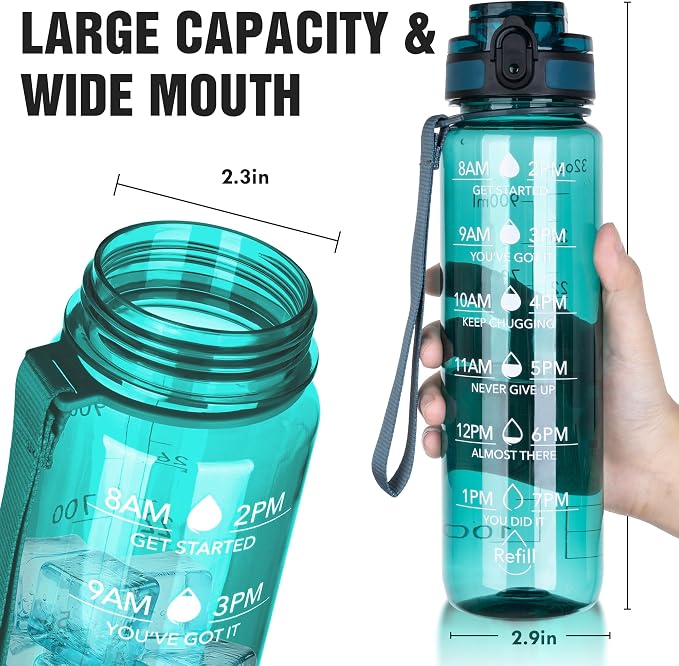OLDLEY Water Bottle, 32oz Motivational Sports Water Bottle with Time Marker - Times to Drink - Tritan, BPA Free, Wide Mouth Leakproof,Deep Sea