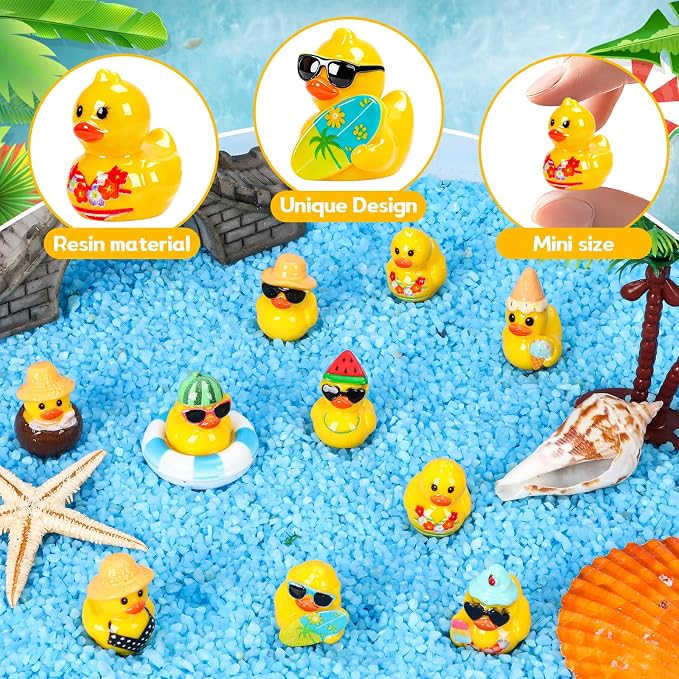 120 Pcs Summer Mini Resin Ducks 10 Beach Vacation Styles Tiny Cruise Ducks to Hide Miniature Hawaii Duck Figurines for Pool Party Favors DIY Crafts Cake Toppers Fairy Garden Aquarium Desk Decor