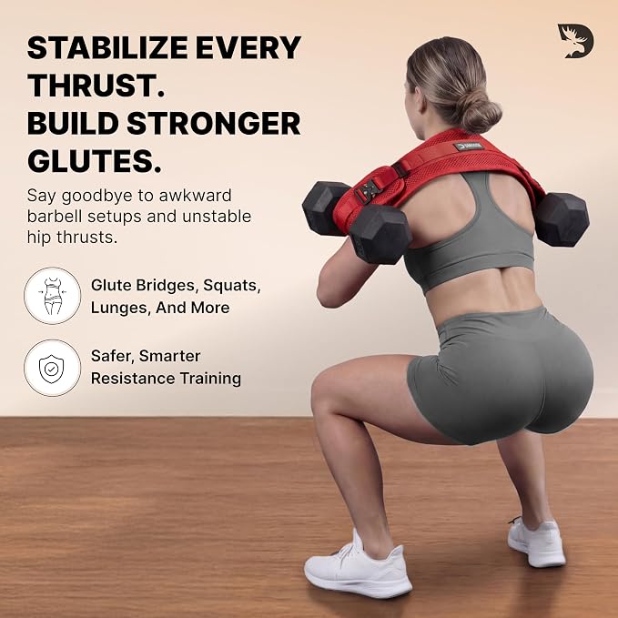 DMoose Fitness Hip Thrust Belt - Dual-Strap Glute Builder for Dumbbells, Plates, Kettlebells (Supports up to 700 lbs) - Comfortable Padded Booty Belt for Home & Gym