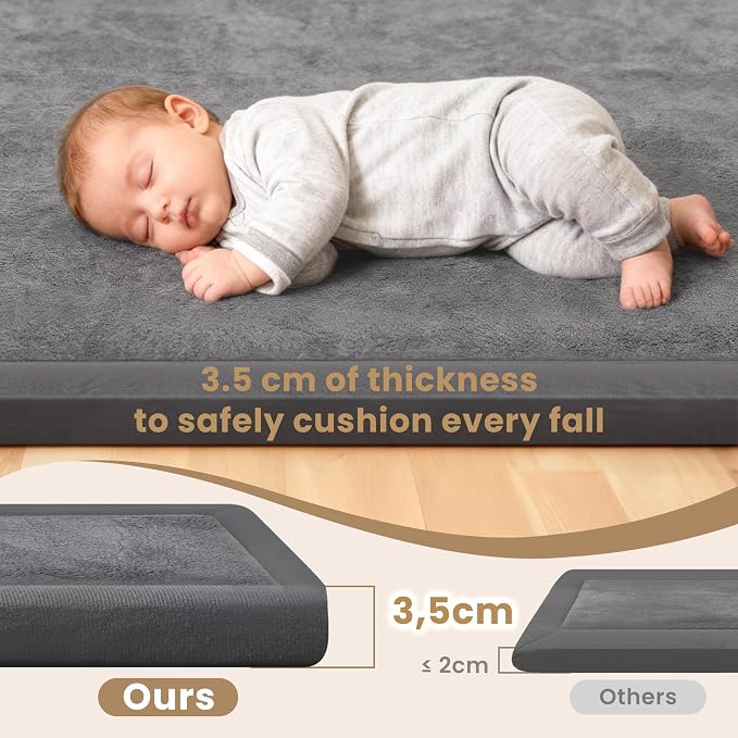 ACOMOPACK Baby Play Mat for Floor 1.3" Thick Memory Foam Play Mat 79"×157" Tummy Time Crawling with Non-slip Bottom for Living Room,Nursery,Soft Velvet Playpen Mats for Kids,Infants（Dark Grey）