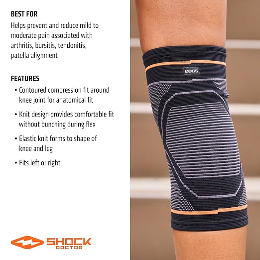 Shock Doctor Knee Compression Sleeve Support - Pain Relief for Arthritis, Tendonitis, Patella Alignment Injuries, Walking, Running, Gym - Men & Women, 1 Sleeve