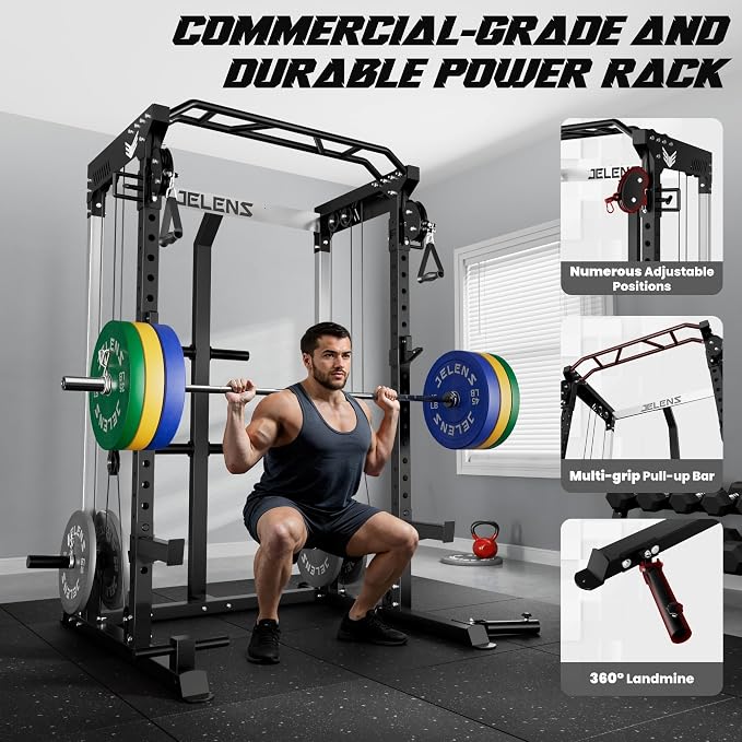 JELENS C21 Power Cage, 2000LBS Multi-Function Power Rack with Independent Dual Pulley System, All-in-One Squat Rack for Cable Crossover, Home Gym Workout Machine