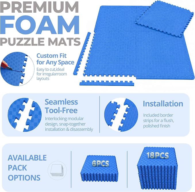 HulkFit Puzzle Exercise Mat, 1 Inch EVA Interlocking Foam Floor Tiles Workout Mat for Home Gym Equipment, MMA, Gymnastics, Shock-Absorbing Workout Mat for Garage Flooring and Apartments, 18 Tiles
