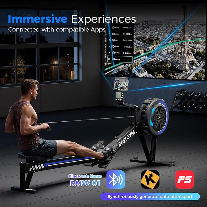 Rowing Machine for Home, Professional Adjustable Air Resistance Rower Machines with Self-Powered Monitor, 53.7'' Row Rail, Ergonomic Comfort Seat, Easy Storage