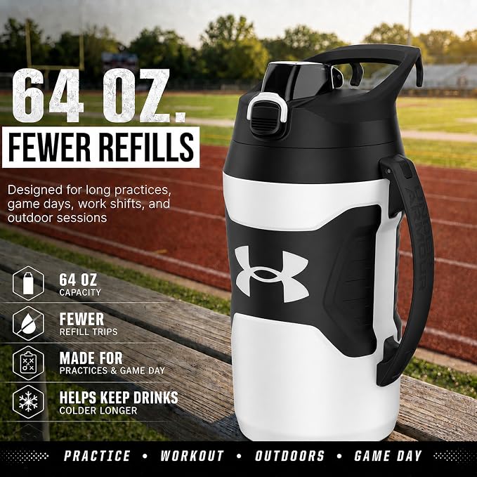 Under Armour Insulated Water Bottle with Handle & Fence Hook, Half Gallon Sports Water Jug, Leak-Resistant & BPA-Free for Baseball, Football & Gym - White/Black, 64oz